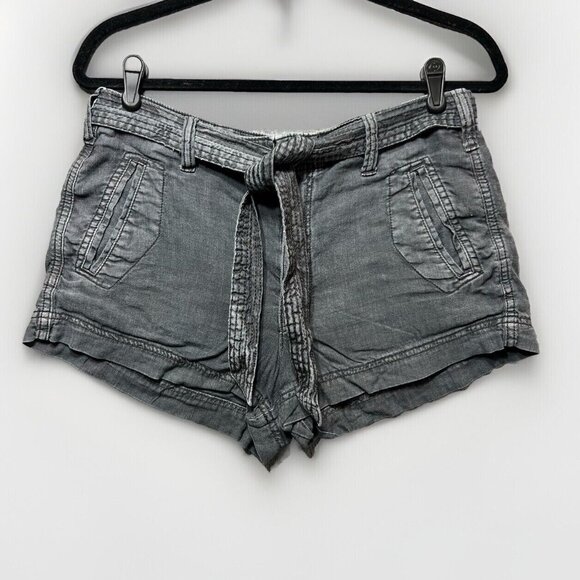 American Eagle Shorts Women 8 Linen Blend Gray Faded Black‎ Belted Tie Front - Picture 1 of 10